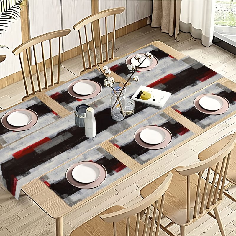 Linen Table Runner - Modern Sanat Kontrastlı Soyut Masa Örtüsü