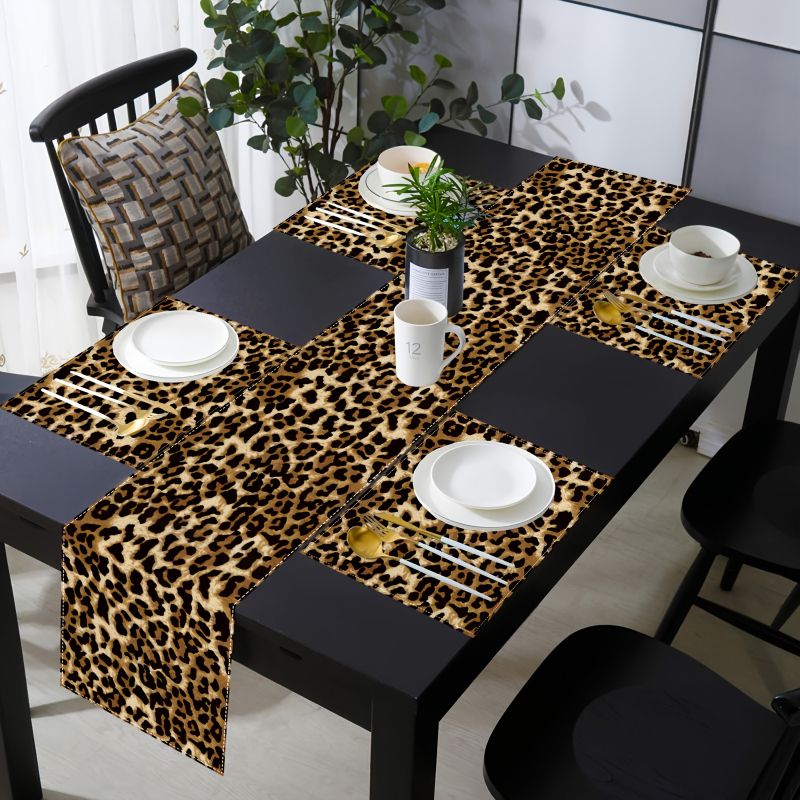 Linen Table Runner - VIKAMA Hafif Lüks Leopar Desenli Masa