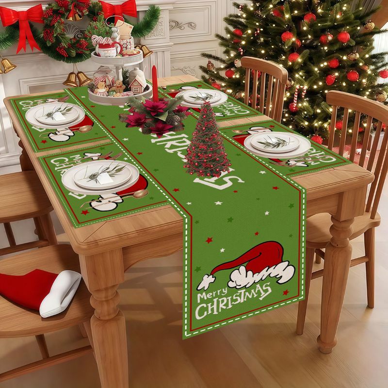 Linen Table Runner - VIKAMA Sevimli Karikatür Noel Masa Örtüsü