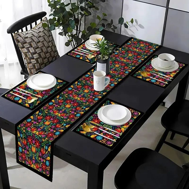 Linen Table Runner - VIKAMA Bohemian Çiçekli Masa Örtüsü Placemats