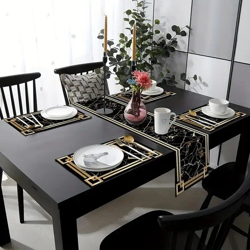 Linen Table Runner - VIKAMA Siyah Altın Mermer Masa Örtüsü